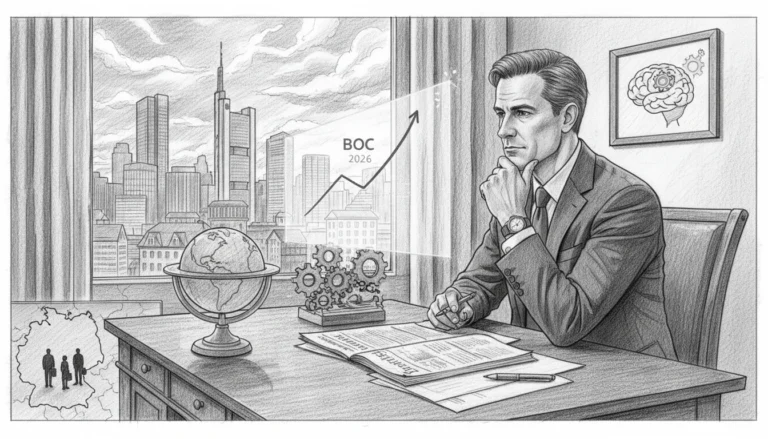 Ein Analyst am Schreibtisch betrachtet den Bank of Canada Pivot 2026 mit Fokus auf Psychologie und Zinsen für DACH-Anleger.
