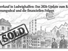 Ausverkauf in Ludwigshafen: Das 2026-Update zum BASF-Wohnungsdeal und die finanziellen Folgen Ludwigshafen-Stadtbild mit SOLD-Stempel, BASF-Schornsteinen und fallendem Finanzgraph zum Wohnungsdeal 2026.