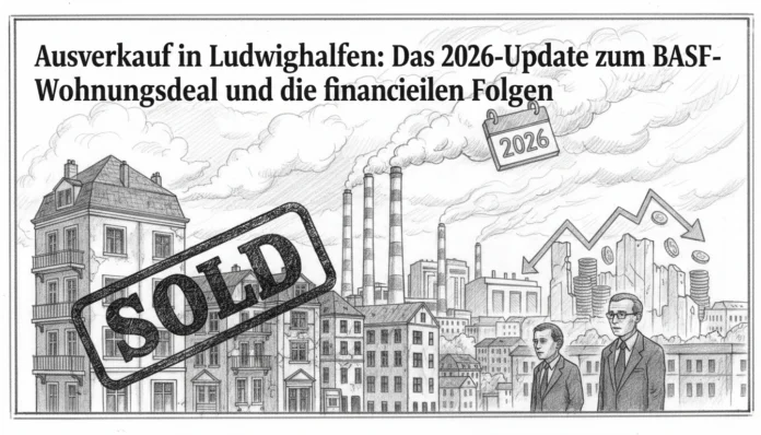 basf-housing-deal-ludwigshafen-2026-financial-consequences.webp Ludwigshafen-Stadtbild mit SOLD-Stempel, BASF-Schornsteinen und fallendem Finanzgraph zum Wohnungsdeal 2026.