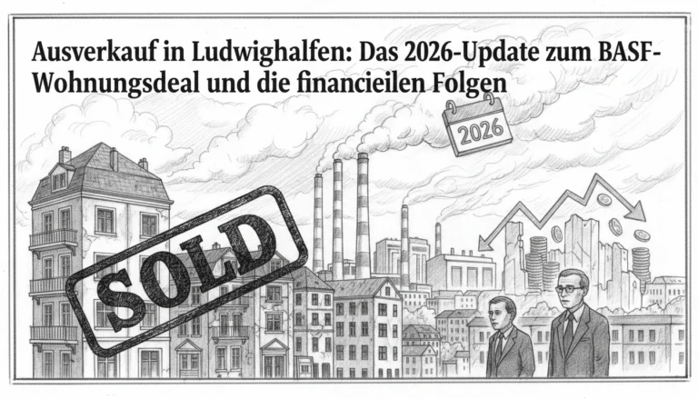 Ludwigshafen-Stadtbild mit SOLD-Stempel, BASF-Schornsteinen und fallendem Finanzgraph zum Wohnungsdeal 2026.