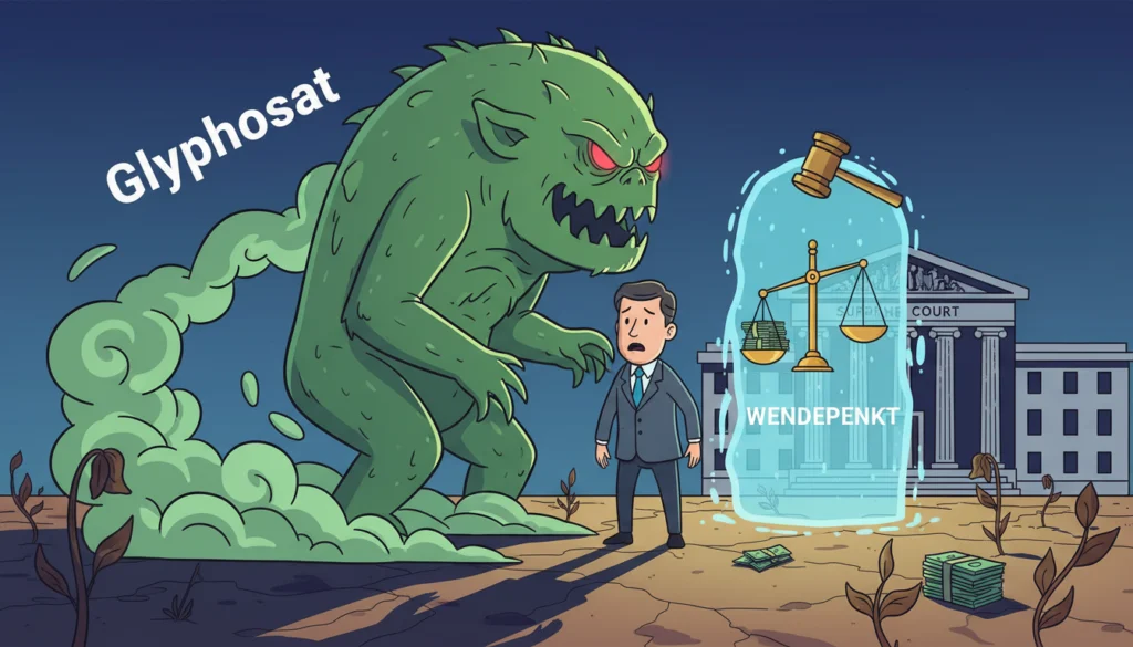 Eine Karikatur zeigt ein riesiges grünes Monster mit der Aufschrift 'Glyphosat', das einen verängstigten Geschäftsmann bedroht. Im Hintergrund steht der Supreme Court, während ein leuchtender Schutzschild mit der Aufschrift 'WENDEPUNKT' eine Justizwaage und einen Richterhammer zeigt. Auf dem verdorrten Boden sind Geldstapel und tote Pflanzen zu sehen.