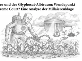 Illustration zur Analyse der Glyphosat-Milliardenklage gegen Bayer. Ein riesiger Roboter mit Firmenlogo überragt ein Feld mit verdorrten Pflanzen und leidenden Menschen, die von Dornen umschlungen sind. Im Hintergrund steht der Supreme Court neben einer Waage, die Geld gegen eine Pflanze abwiegt.