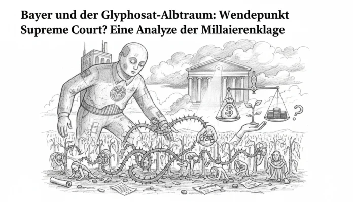 Illustration zur Analyse der Glyphosat-Milliardenklage gegen Bayer. Ein riesiger Roboter mit Firmenlogo überragt ein Feld mit verdorrten Pflanzen und leidenden Menschen, die von Dornen umschlungen sind. Im Hintergrund steht der Supreme Court neben einer Waage, die Geld gegen eine Pflanze abwiegt.