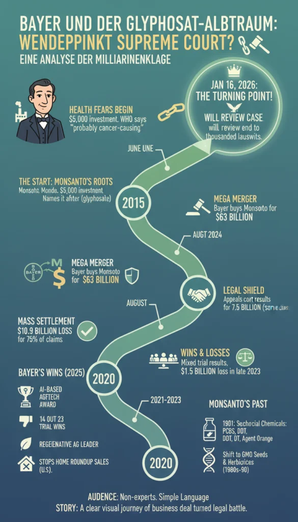 Eine Infografik mit dem Titel 'Bayer und der Glyphosat-Albtraum', die als Zeitstrahl die rechtliche und geschäftliche Geschichte der Monsanto-Übernahme durch Bayer zeigt. Die Grafik illustriert den Weg von der 63-Milliarden-Dollar-Fusion im Jahr 2015 über massive Milliardenklagen und Vergleiche bis hin zu einem möglichen Wendepunkt vor dem US Supreme Court im Januar 2026.