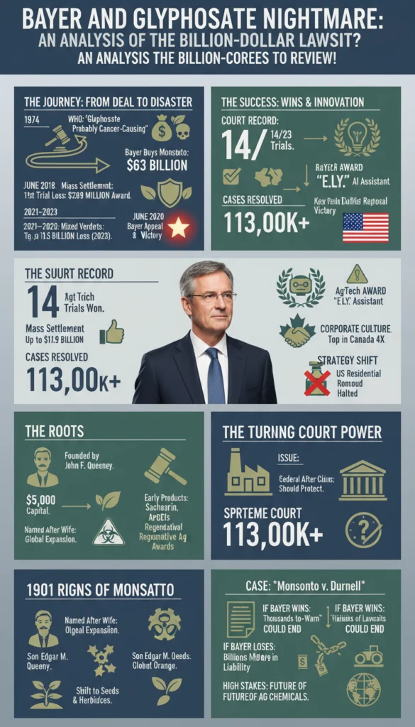 Eine Infografik mit dem Titel 'Bayer und der Glyphosat-Albtraum', die als Zeitstrahl die rechtliche und geschäftliche Geschichte der Monsanto-Übernahme durch Bayer zeigt. Die Grafik illustriert den Weg von der 63-Milliarden-Dollar-Fusion im Jahr 2015 über massive Milliardenklagen und Vergleiche bis hin zu einem möglichen Wendepunkt vor dem US Supreme Court im Januar 2026.