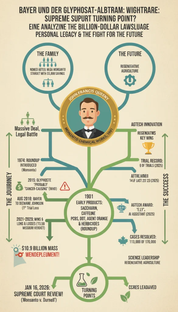 Eine Infografik mit dem Titel 'Bayer und der Glyphosat-Albtraum', die als Zeitstrahl die rechtliche und geschäftliche Geschichte der Monsanto-Übernahme durch Bayer zeigt. Die Grafik illustriert den Weg von der 63-Milliarden-Dollar-Fusion im Jahr 2015 über massive Milliardenklagen und Vergleiche bis hin zu einem möglichen Wendepunkt vor dem US Supreme Court im Januar 2026.