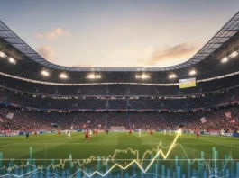 Volle Allianz Arena mit ansteigender Kursgrafik zeigt, wie viel Bayern München am Heimspiel gegen Köln verdient.