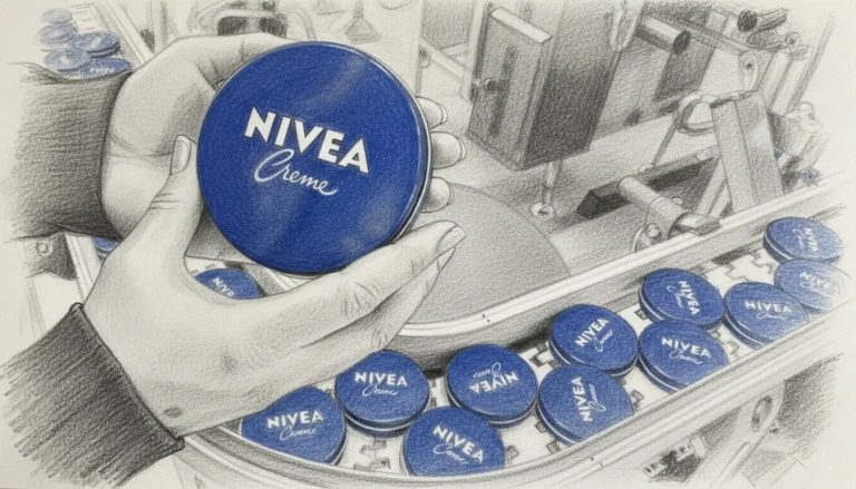 Nivea Creme Dosen auf einem Produktionsband illustrieren Beiersdorfs stagnierendes Umsatzwachstum und sinkende Gewinnmarge.