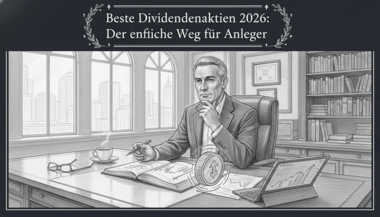 Anleger analysiert im Büro beste Dividendenaktien 2026 mit Charts und einer Münze für eine erfolgreiche Strategie.