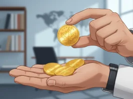 Hand hält Maple Leaf Goldmünze über weiteren Münzen im Büro – die beste Goldmünze für Anfänger als Investment 2026.