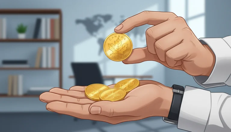 Hand hält Maple Leaf Goldmünze über weiteren Münzen im Büro – die beste Goldmünze für Anfänger als Investment 2026.