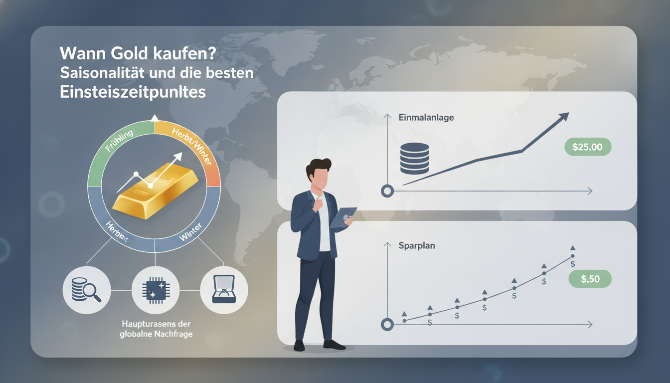 Jahreskreis mit Goldbarren neben Sparplan-Grafiken zeigt Saisonalität und die besten Einstiegszeitpunkte beim Gold kaufen.