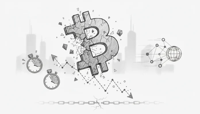 Eine Bleistiftzeichnung eines zerfallenden Bitcoin-Symbols aus Stein, umgeben von zerbrochenen Stoppuhren, einer fallenden Kursgrafik und einer gerissenen Kette vor einer angedeuteten Stadtsilhouette.