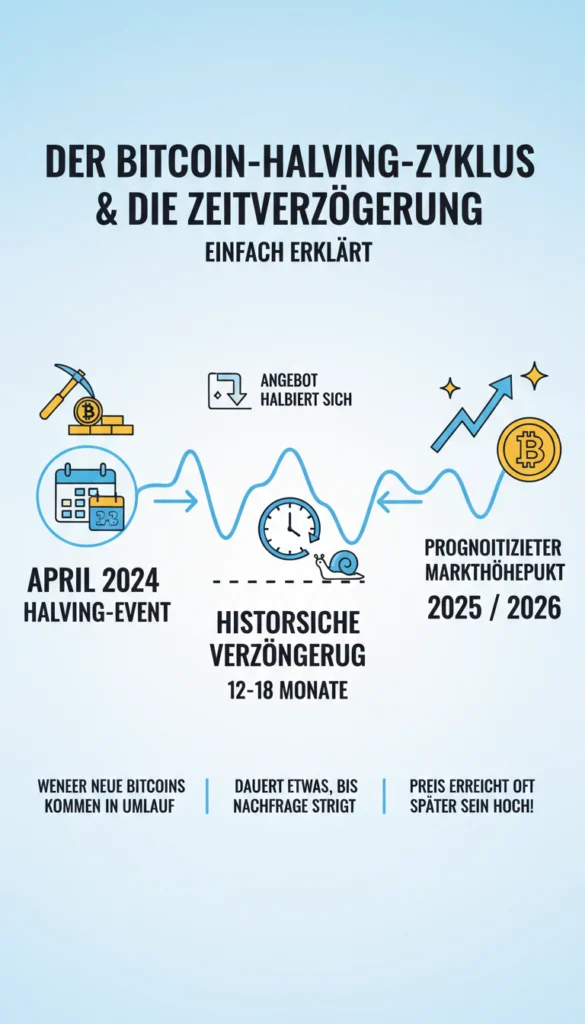 Infografik zum Bitcoin-Halving-Zyklus und der historischen Zeitverzögerung. Die Grafik erklärt, dass nach dem Halving im April 2024 das Angebot sinkt, es jedoch meist 12 bis 18 Monate dauert, bis die steigende Nachfrage den Preis auf einen neuen Markthöhepunkt treibt, der hier für 2025 oder 2026 prognostiziert wird.