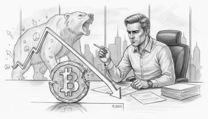 Eine Bleistiftzeichnung zeigt einen besorgten Finanzexperten an seinem Schreibtisch, während im Hintergrund ein brüllender Bär als Symbol für eine Baisse erscheint. Eine steil nach unten gerichtete Chart-Linie verläuft über eine zerbrochene Bitcoin-Münze und verdeutlicht einen starken Kursverlust am Kryptomarkt.