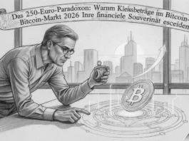 Mann prüft Kleinstbeträge am Bitcoin-Markt 2026 für finanzielle Souveränität im Rahmen des 250-Euro-Paradoxon.