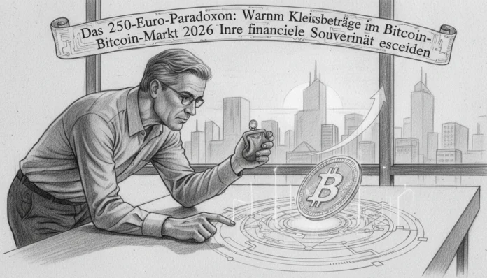 Mann prüft Kleinstbeträge am Bitcoin-Markt 2026 für finanzielle Souveränität im Rahmen des 250-Euro-Paradoxon.