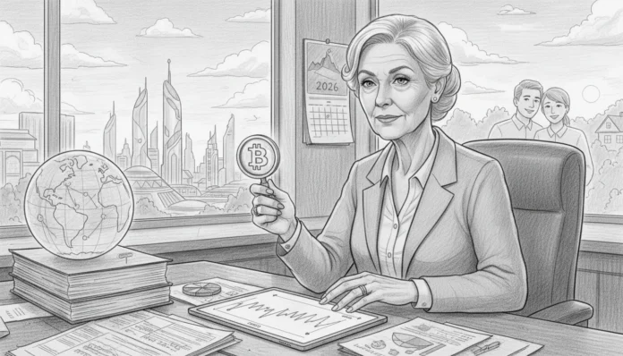 Geschäftsfrau analysiert 0,005 BTC Faktor für 2026, um mittels Mikro-Positionen die Rentenlücke effektiv zu schließen.