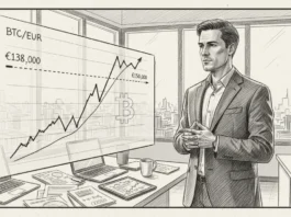 Geschäftsmann vor Bitcoin Kurs Prognose Chart, der den Anstieg über die €138.000 Marke Richtung 150k visualisiert.