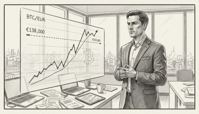 Geschäftsmann vor Bitcoin Kurs Prognose Chart, der den Anstieg über die €138.000 Marke Richtung 150k visualisiert.