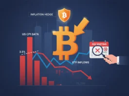Bitcoin Preisvorhersage Grafik mit fallenden Charts, US CPI-Daten über 3,5 % und Fed-Sitzung ohne Zinssenkung.