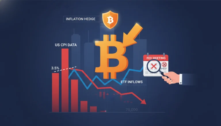Bitcoin Preisvorhersage Grafik mit fallenden Charts, US CPI-Daten über 3,5 % und Fed-Sitzung ohne Zinssenkung.