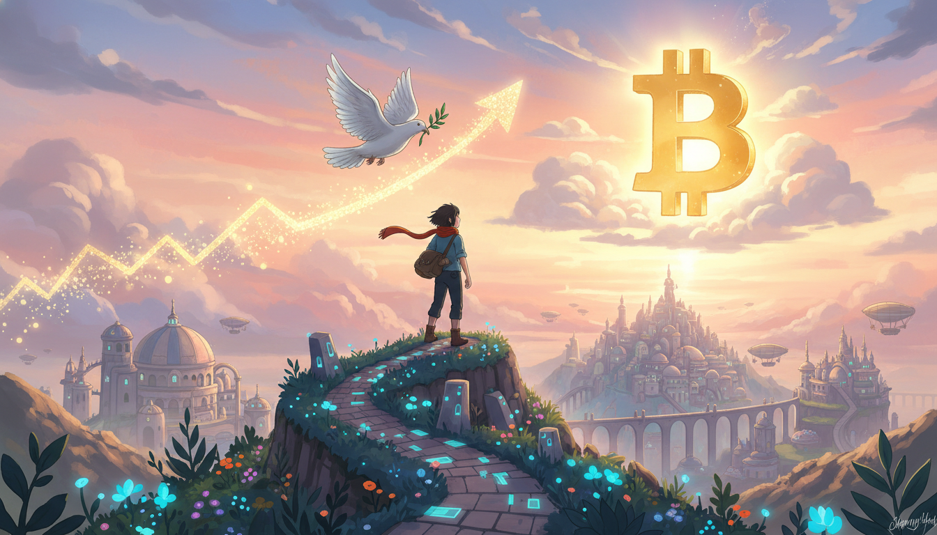 bitcoin-rally-after-ceasefire-125k-target.webp Weiße Friedenstaube über goldener Bitcoin-Rallye nach Waffenstillstand beim Anstieg auf die 125.000-Dollar-Marke.