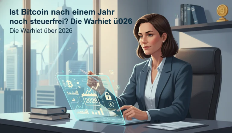 Finanzexpertin am Hologramm analysiert Bitcoin-Steuern und die steuerfreie Haltefrist für das Jahr 2026.