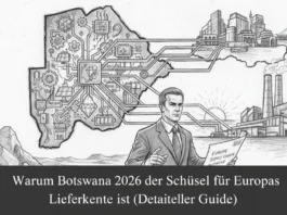 Warum Botswana 2026 der Schlüssel für Europas Lieferkette ist (Detaillierter Guide) Botswana als Schlüssel für Europas Lieferkette 2026: Grafik vernetzt Rohstoffe und Industrie-Infrastruktur.