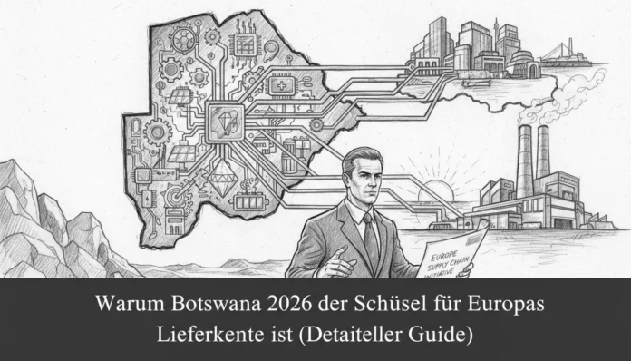 botswana-2026-europe-supply-chain-key.webp Botswana als Schlüssel für Europas Lieferkette 2026: Grafik vernetzt Rohstoffe und Industrie-Infrastruktur.