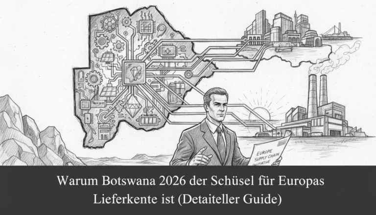 Botswana als Schlüssel für Europas Lieferkette 2026: Grafik vernetzt Rohstoffe und Industrie-Infrastruktur.