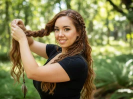 BrandiBraids: Frau mit kunstvoller Flechtfrisur und langen roten Haaren im sonnigen Wald.