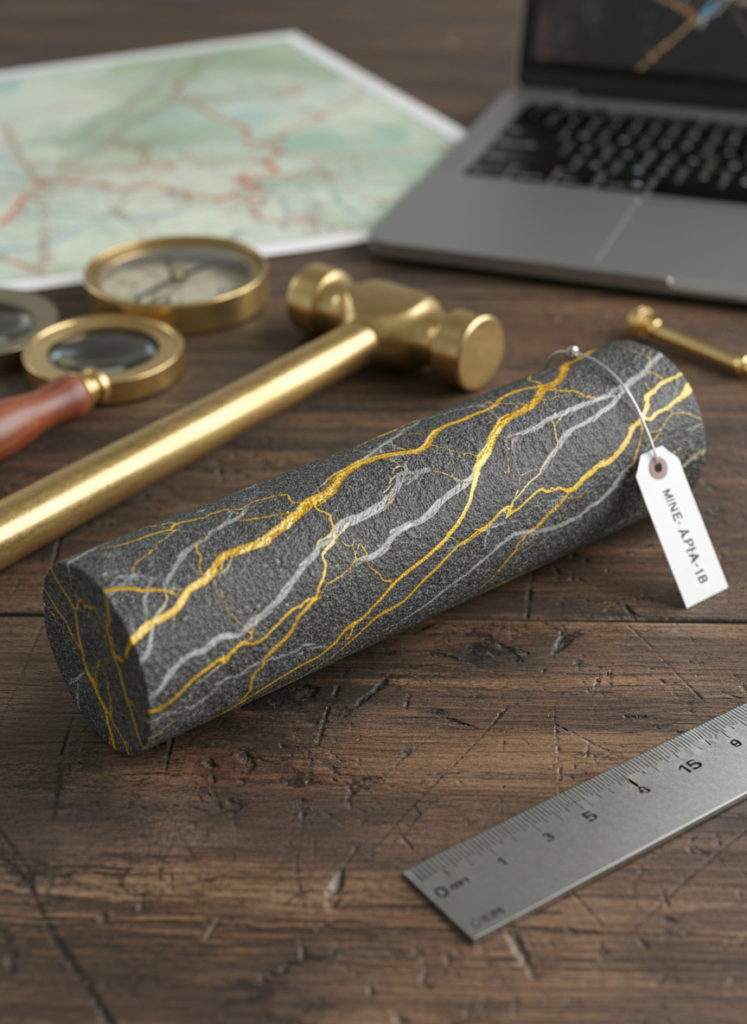 Fig 1: Nahaufnahme eines geologischen Bohrkerns mit Gold- und Antimon-Adern