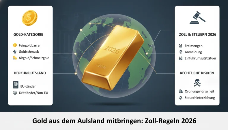 Ein goldener Barren vor einer Weltkugel veranschaulicht die Zoll-Regeln 2026, wenn Sie Gold aus dem Ausland mitbringen.