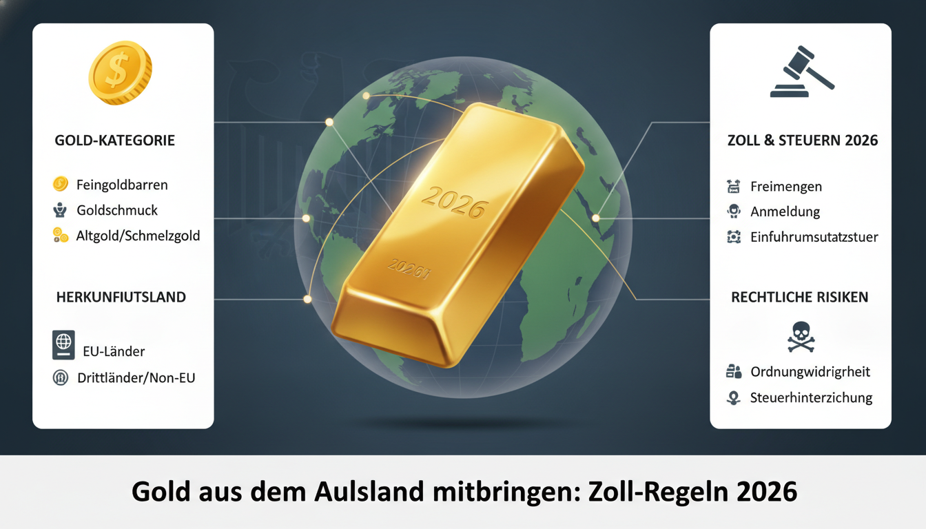 Ein goldener Barren vor einer Weltkugel veranschaulicht die Zoll-Regeln 2026, wenn Sie Gold aus dem Ausland mitbringen.