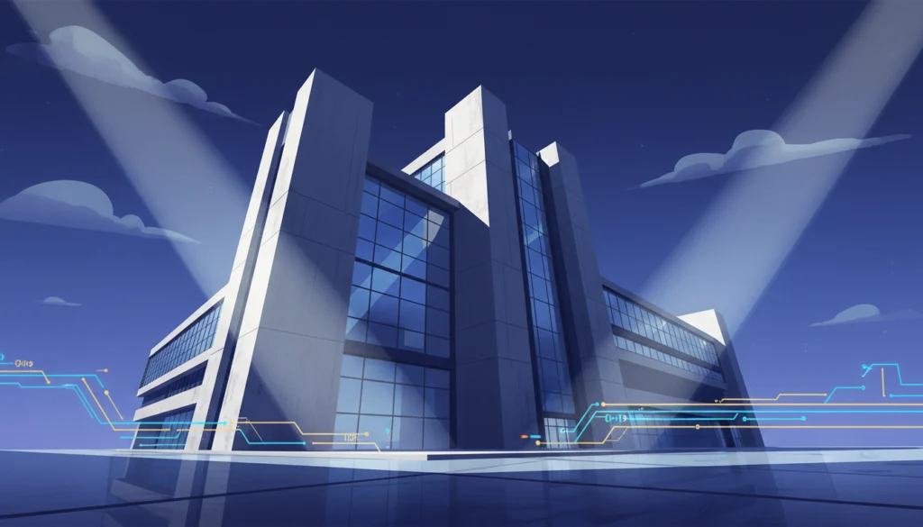 Deutsche Wirtschaft am Wendepunkt: Bundesbank erwartet verhaltenes Wachstum, doch 2027 könnte die Wende bringen 1 Eine filmische Illustration des Bundesbank-Gebäudes in Frankfurt bei Nacht, beleuchtet durch zwei markante Scheinwerferstrahlen. Das moderne Bauwerk mit seinen charakteristischen Glasfassaden wird von stilisierten digitalen Schaltkreislinien im Vordergrund ergänzt, die den technologischen Fortschritt im Finanzsektor symbolisieren.