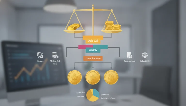 Eine Waage wägt Barren oder Münze ab für den Ratgeber '1 Unze Gold kaufen' mit Details zu Preis, Lagerung und Liquidität.