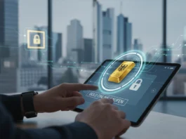 Sicher Gold online kaufen in Deutschland: Tablet mit Goldbarren, Schlosssymbolen und moderner Stadtskyline.