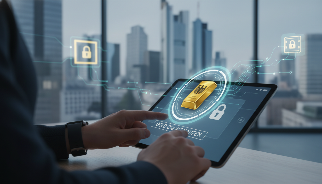 buy-gold-online-security-germany.webp Sicher Gold online kaufen in Deutschland: Tablet mit Goldbarren, Schlosssymbolen und moderner Stadtskyline.