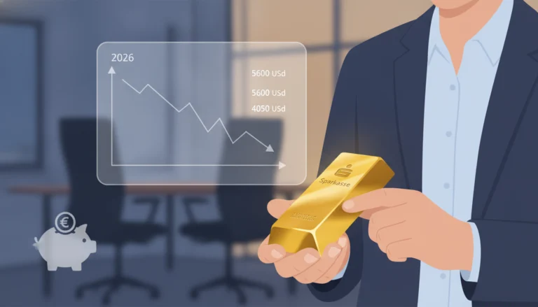 Person im Anzug hält einen Sparkasse Goldbarren vor einer fallenden Kursgrafik zum Gold kaufen in 2026.