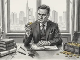 Anleger prüft Goldbarren vor Frankfurter Skyline; Leitfaden 2026 zum Gold kaufen ohne Mehrwertsteuer in Deutschland.