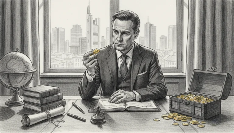 Anleger prüft Goldbarren vor Frankfurter Skyline; Leitfaden 2026 zum Gold kaufen ohne Mehrwertsteuer in Deutschland.