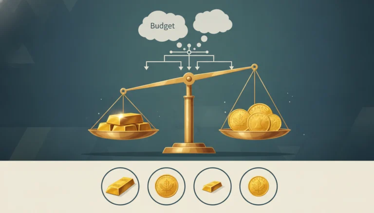 Goldene Waage vergleicht Goldbarren und Goldmünzen als Entscheidungshilfe für das Budget beim Gold kaufen.