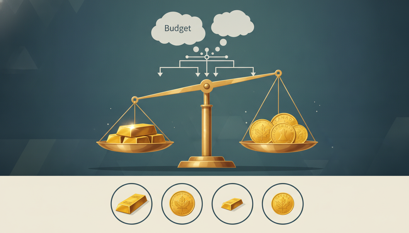 Goldene Waage vergleicht Goldbarren und Goldmünzen als Entscheidungshilfe für das Budget beim Gold kaufen.
