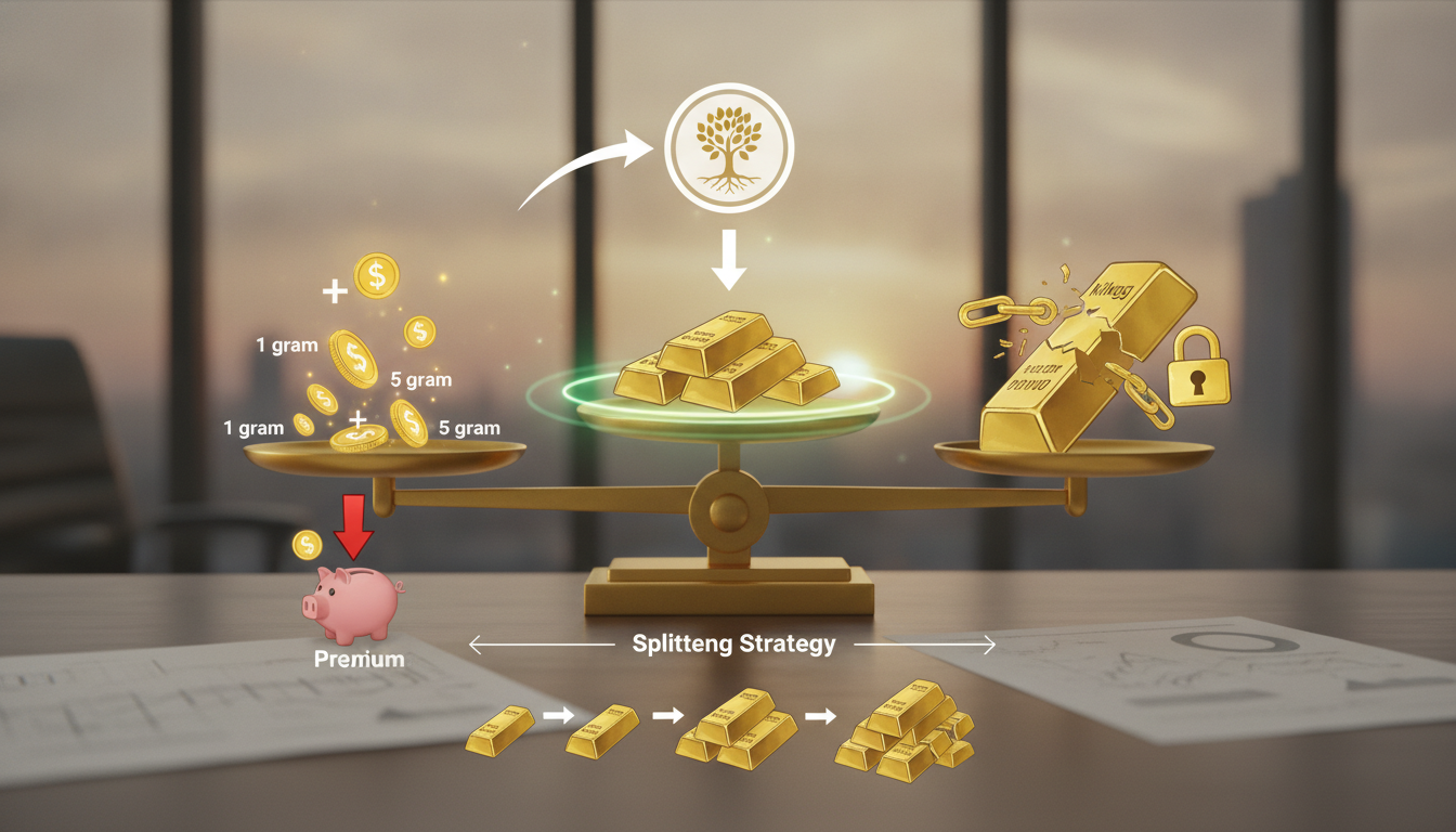 Goldene Waage mit kleinen Münzen und großen Barren veranschaulicht, welche Größe sich beim Goldbarren kaufen wirklich lohnt.