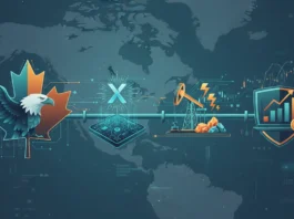 Adler und Ahornblatt am Pipeline-System zum Kanada-USA Energiehandelsstreit 2026, Krypto, Rohstoffe und Portfolios.