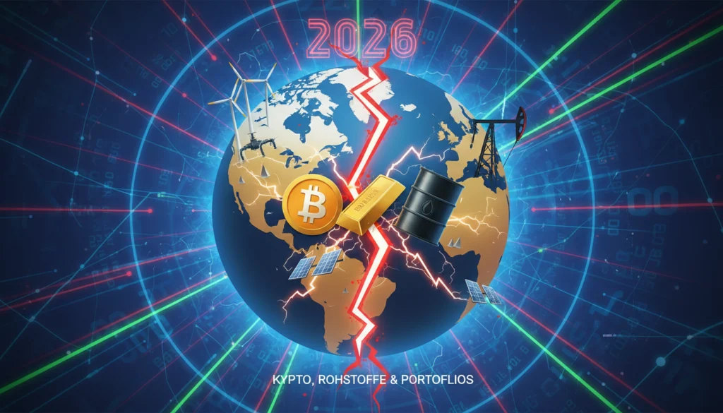 Gespaltene Erdkugel zum Kanada-USA Energiehandelsstreit 2026 mit Icons für Krypto, Rohstoffe und Portfolios.