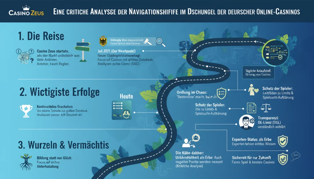 Eine detaillierte Infografik von Casino Zeus mit dem Titel 'Eine kritische Analyse der Navigationshilfe im Dschungel der deutschen Online-Casinos'. Die Grafik zeigt einen geschwungenen Pfad, der durch drei Hauptabschnitte führt: 1. 'Die Reise' beschreibt den Start in einem unregulierten Markt und den Wendepunkt im Juli 2021 mit dem neuen Glücksspielstaatsvertrag. 2. 'Wichtigste Erfolge' hebt kontinuierliches Wachstum, Bestenlisten zur Ordnung, Spielerschutz-Leitfäden, Transparenz bei GGL-Lizenzen und Experten-Status hervor. 3. 'Wurzeln & Vermächtnis' fokussiert sich auf Bildung statt Glück, Unabhängigkeit durch kritische Analysen und Sicherheit für die Zukunft durch faires Spiel.