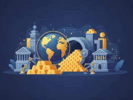 Breaking: Warum Zentralbanken 2026 massiv Gold kaufen Zentralbanken kaufen 2026 massiv Gold: Illustration mit Goldbarren, Weltkugel und Bankgebäuden zur Wertsicherung.