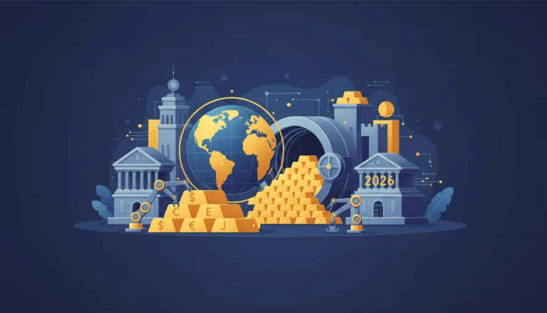 Zentralbanken kaufen 2026 massiv Gold: Illustration mit Goldbarren, Weltkugel und Bankgebäuden zur Wertsicherung.